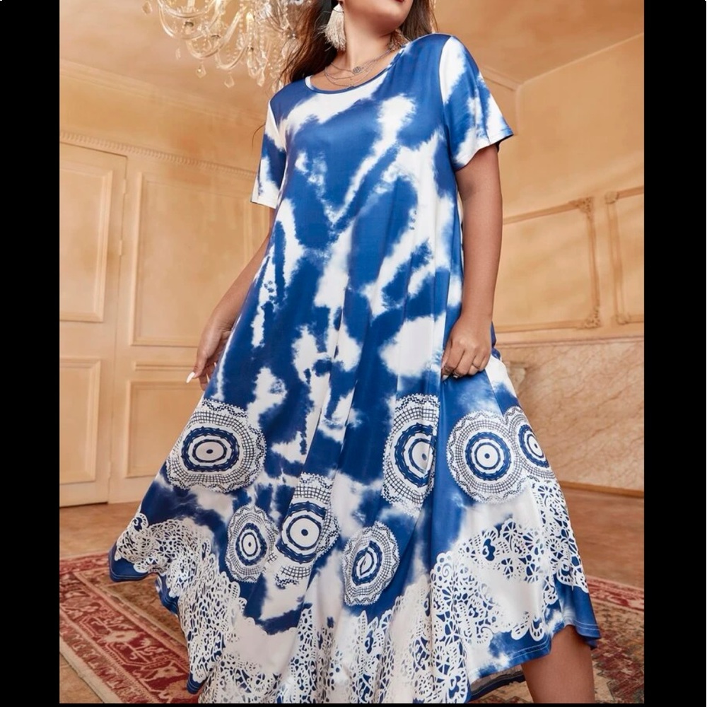Boho Plus Size Tie Dye Tribal Print Umbrella Hem Maxi Dress - Picture 4 of 5